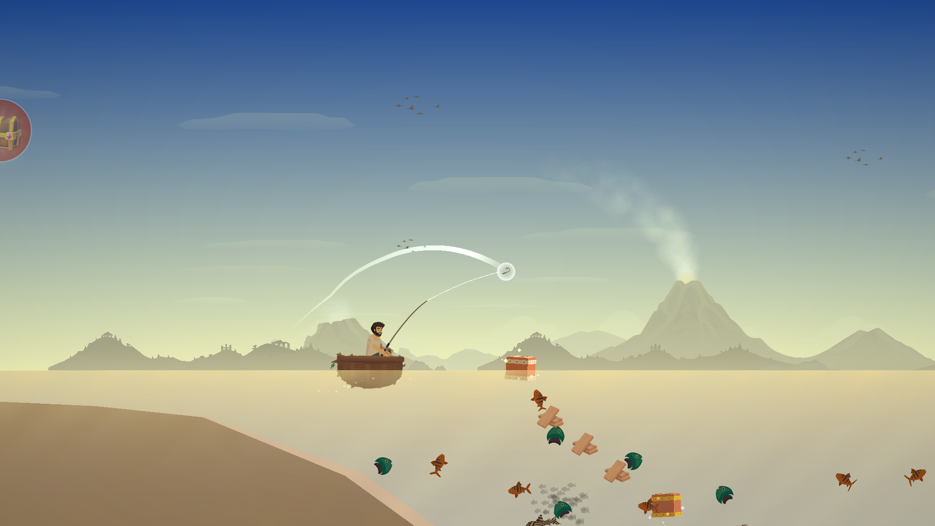 一位游戏角色正在海岛边垂钓,远处是夕阳下的海平面,画面宁静优美 一位游戏角色正在海岛边垂钓,远处是夕阳下的海平面,画面宁静优美