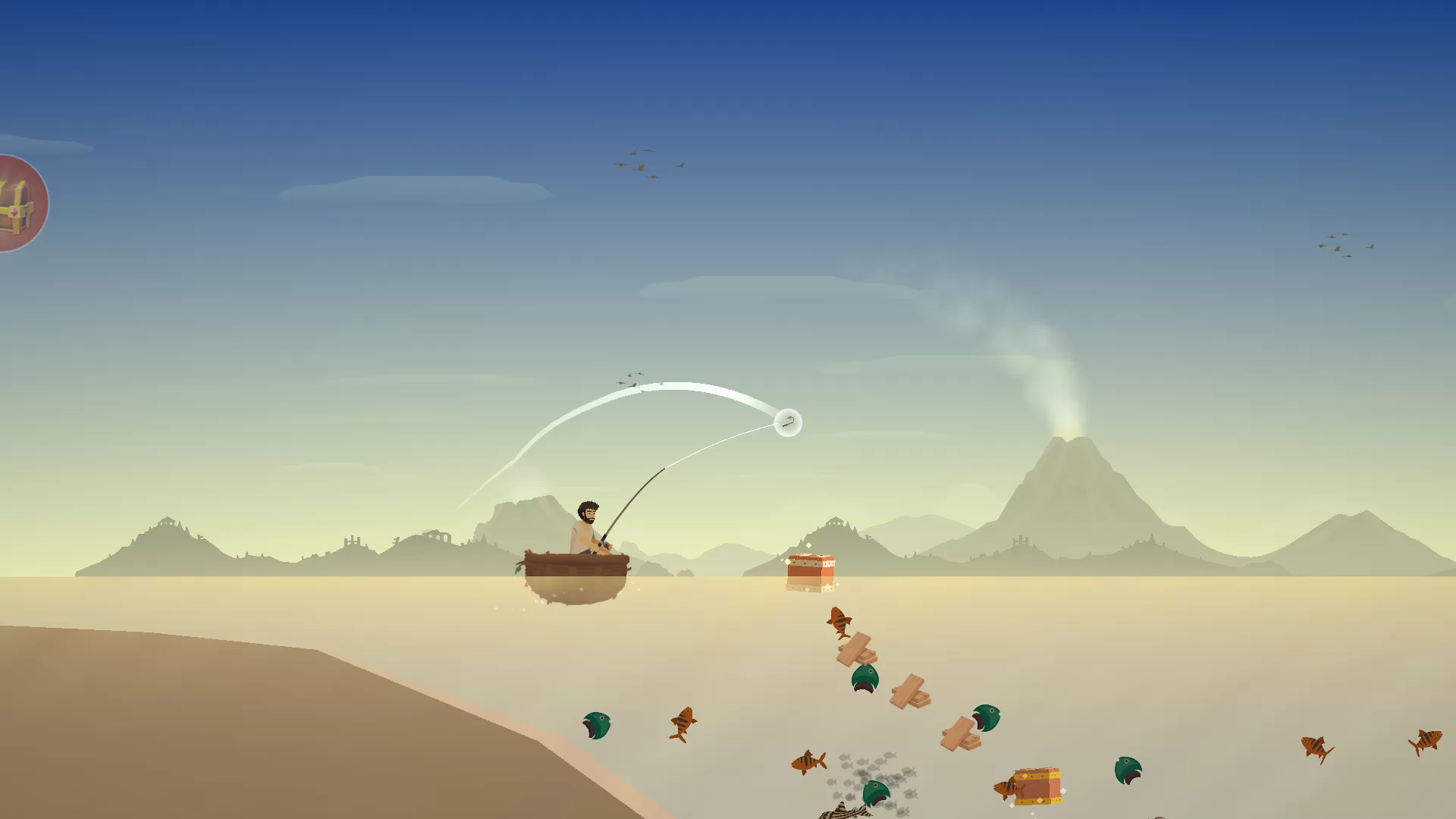 一位游戏角色正在海岛边垂钓，远处是夕阳下的海平面，画面宁静优美