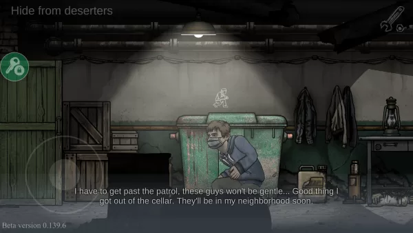 玩家角色蹲伏在障碍物后，躲避敌人的视线