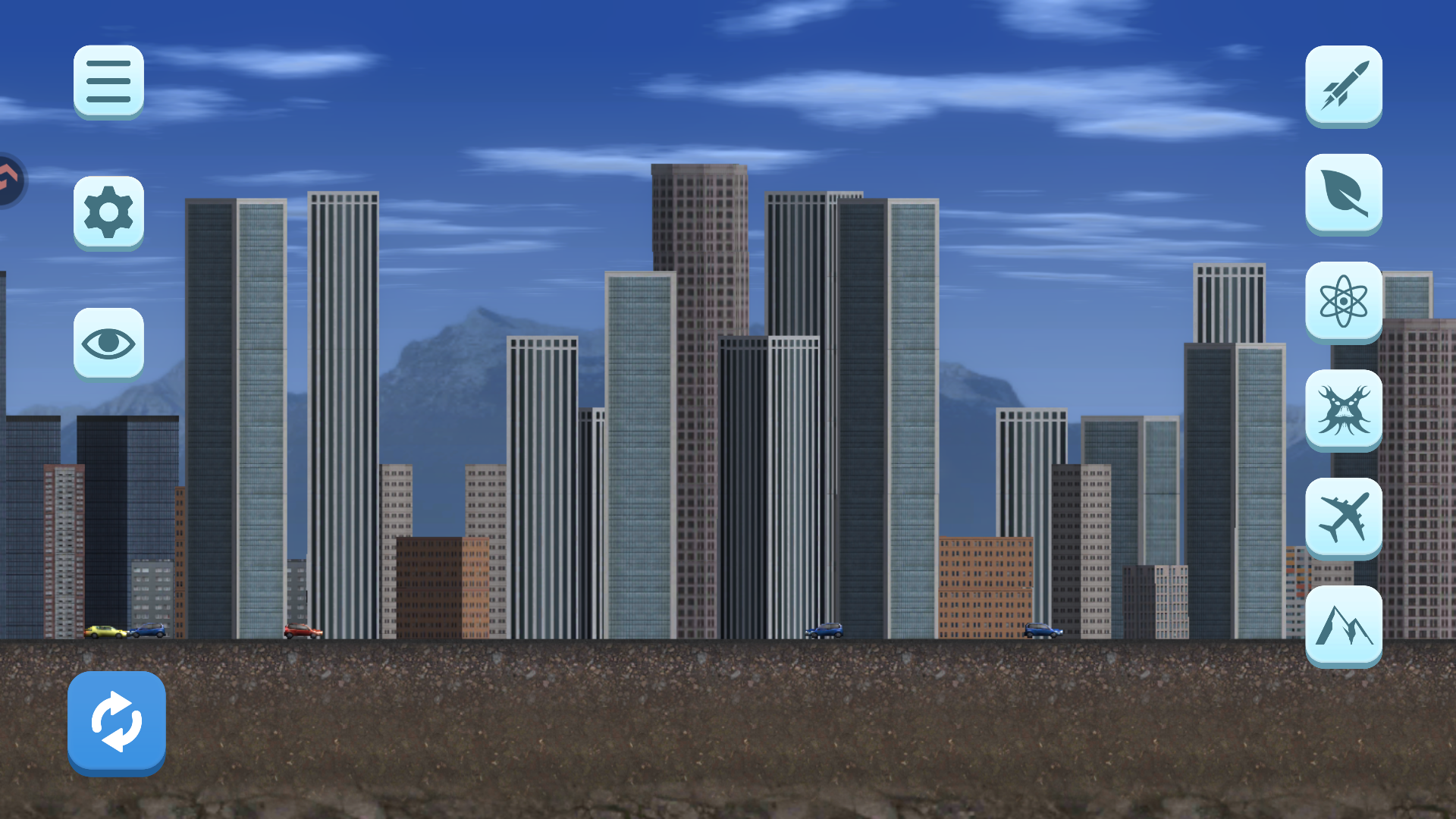 游戏主界面展示，呈现城市景观与灾难选择菜单