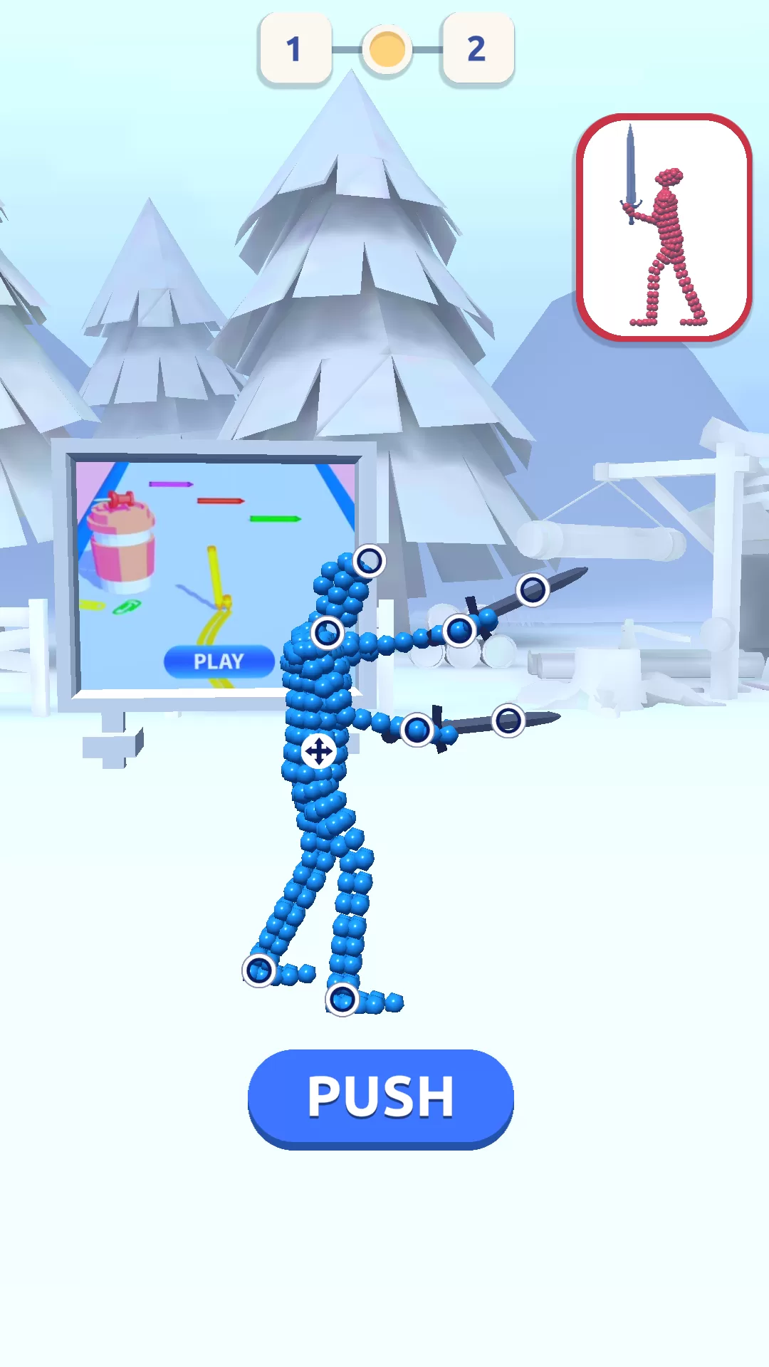 游戏玩法示意图：玩家正在调整角色关节，摆出一个夸张的进攻姿势。