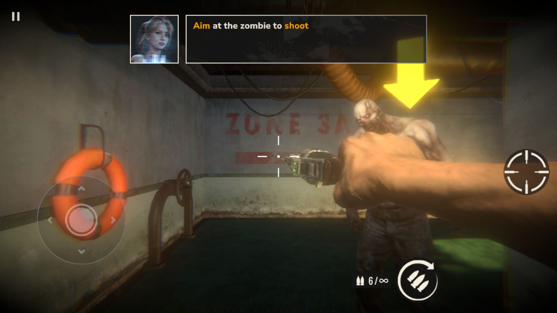 游戏战斗画面，玩家使用武器射击僵尸