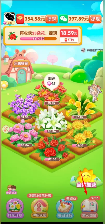 游戏内的花卉图鉴界面，展示了许多已解锁和待解锁的美丽花卉