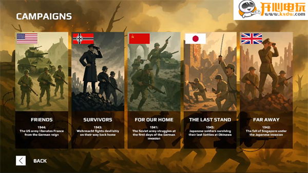 战役选择界面截图，展示不同国家的战役列表