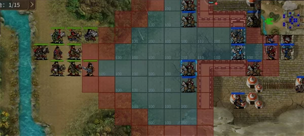 游戏战斗画面，展示角色在网格地图上释放技能，界面有各种战术选项