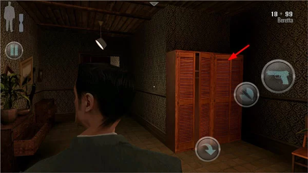 马克思佩恩1手机版游戏截图，展示主角在慢动作中飞身射击的经典场面