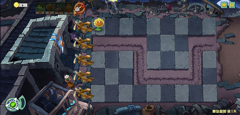 游戏实战画面：在秦始皇陵地图中布置植物防线