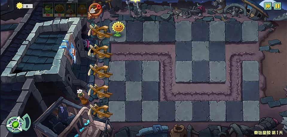 游戏实战画面:在秦始皇陵地图中布置植物防线 游戏实战画面:在秦始皇陵地图中布置植物防线