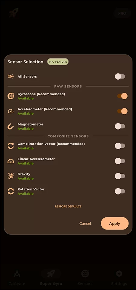 Super Gyro陀螺仪灵敏度精细调整界面 Super Gyro陀螺仪灵敏度精细调整界面