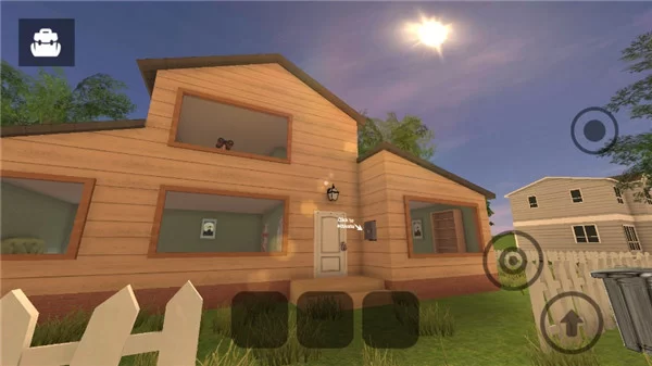 愤怒的邻居游戏攻略图，展示玩家从自家小屋望向对面多层恐怖别墅的视角。