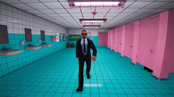 游戏攻略截图：一个出现滑稽异常的厕所场景特写
