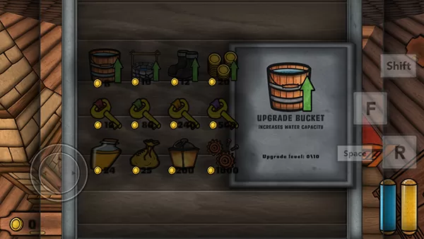 游戏特色展示：工作台界面，显示可制作或升级的各种工具和武器