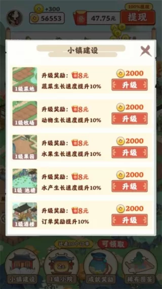 游戏界面截图，展示土地升级界面，玩家正使用金币将一块土地从1级升级到2级