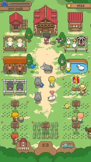 一位像素小人在精心照料农场中的动物